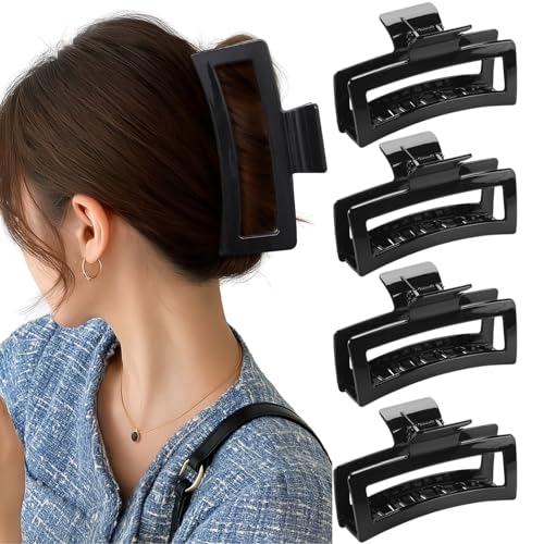 5 Inch XL Jumbo Claw Clips for Thick and Long Hair, 4-Pack Oversized Glossy Rectangle Hair Clips for Women, Strong Hold Non-Slip Jaw Clips, Black - color: Glossy Black