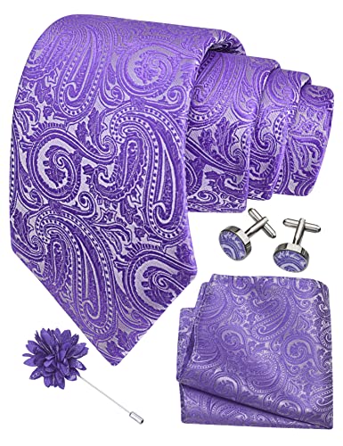 GUSLESON 3.15"（8cm） Mens Tie and Lapel Pin Paisley Necktie Hankerchief Cufflinks Set for Men - color: Light Purple