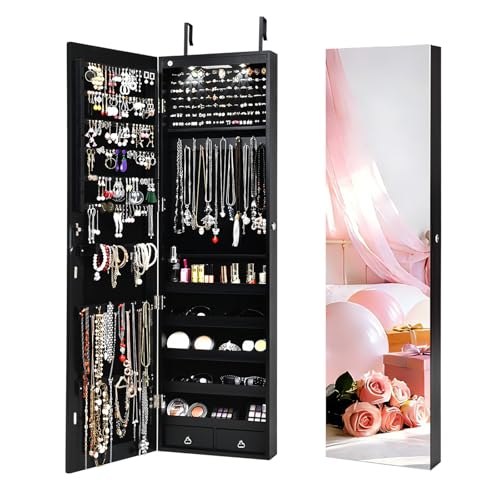 NAFORT 2 LEDs Jewelry Armoire with Full Length Mirror, 47.5" H Wall or Door Mounted Jewelry Cabinet with 2 Drawers, Lockable Jewelry Organizers and Storage, Hanging Jewelry Organizer, Black - color: Black