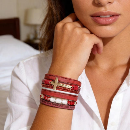Purple Cross Leather Wrap Bracelet for Women Boho Handmade Multi Layer Cuff Crystal Beads Stackable Western Style Jewelry Gift - color: Red Cross Leather Wrap Bracelet