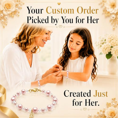 Baby Crystals Custom 14K Gold-Plated Initial Bracelet Charm, Birthday Keepsake Jewelry - style: Pink Pearls Clear Crystals
