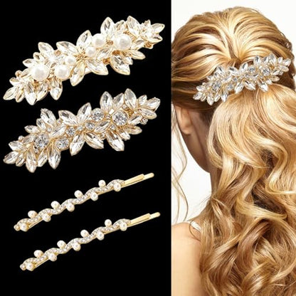 4pcs Rhinestone Gold Pearl Leaf Wedding Hair Clips Silver New Bride Bridesmaid Spring Clips