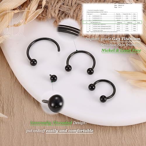 G23 Titanium 14/16/18/20G Septum Rings Horseshoe Nose Ring Jewelry | 2/3Pcs Circular Barbell Spike Lip Body Piercing Jewelry Conch Helix Tragus Earring Silver/Black 8/10/12mm 14K Gold Plated - color: Black-3pcs, size: Balls-3pcs-18g-8/10/12mm