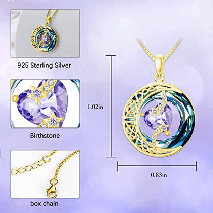 TOUPOP Birthstone Necklace Women Sterling Silver Moon Star Birthday Jewelry | Celtic Moon Pendant with Blue Crystal Anniversary Christmas Jewelry Gifts for Wife Mom Her - color: B-06-Alexandrite-Gold