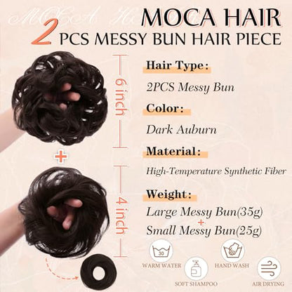 2PCS Messy Bun Hair Pieces Synthetic Hairpieces For Women Dark Auburn | Messy Bun and Donut Bun in one set for natural-looking volume and elegant updos for every occasion. - color: Dark Auburn