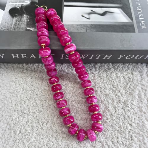 Colorful Chunky Resin Beaded Choker Necklaces for Women | Multicolor Beads, Sturdy Metal Chain, Adjustable, Detachable, Lightweight, Summer Beach Boho, Trendy Statement Jewelry Gift - color: Rose Red