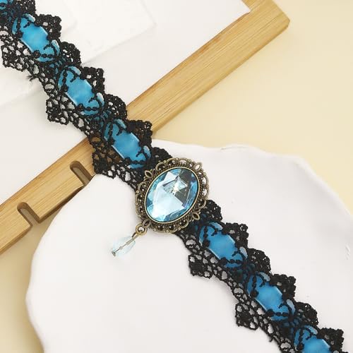 CSIYANJRY99 Gothic Choker Necklace for Women Halloween Red Crystal Vampire Choker Steampunk Lace Choker Witch Costume Accessories - style: Lake Blue