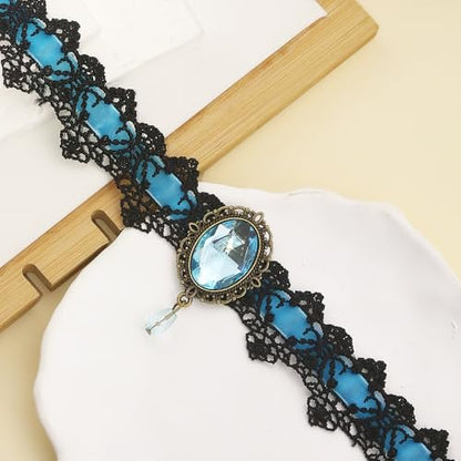 CSIYANJRY99 Gothic Choker Necklace for Women Halloween Red Crystal Vampire Choker Steampunk Lace Choker Witch Costume Accessories - style: Lake Blue