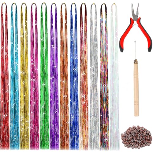 FEBSNOW Tinsel Hair Extension, 47 Inch Glitter Rainbow Strands with Tool | 2400 Strands 12 Mixed Colors Sparkling Hair Kit, Girls Party Accessories, Christmas Wedding Birthday Hair Styling Supplies - color: Multi 12 colors-1