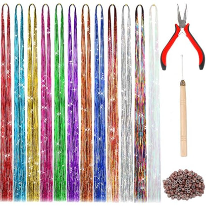 FEBSNOW Tinsel Hair Extension, 47 Inch Glitter Rainbow Strands with Tool | 2400 Strands 12 Mixed Colors Sparkling Hair Kit, Girls Party Accessories, Christmas Wedding Birthday Hair Styling Supplies - color: Multi 12 colors-1