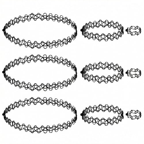 12PC Tattoo Choker Necklace Set- 90s Accessories 2000s Jewelry Fashion- Rainbow Goth Black White Blue Green Pink - Adjustable Stretchy Elastic Necklace for Women - color: black-9p