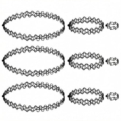 12PC Tattoo Choker Necklace Set- 90s Accessories 2000s Jewelry Fashion- Rainbow Goth Black White Blue Green Pink - Adjustable Stretchy Elastic Necklace for Women - color: black-9p