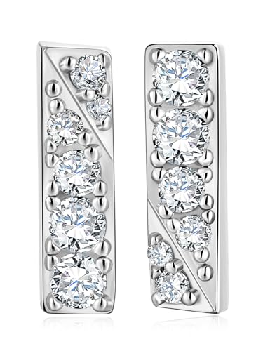 All Moissanites Sparkly Geometric Stud Earrings for Women, Solid 925 Sterling Silver with Rhodium/Gold Plated Hypoallergenic, Lightweight Comfy Earrings - color: Bar - White Gold