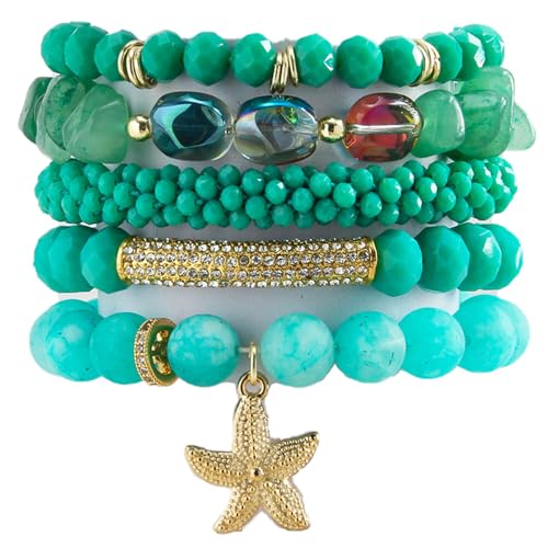Yomisa Boho Beaded Bracelets/Bangle for Women,Multilayer 5/6/7PCS Healing Natural Handmade Stone Bead Bracelets Stackable Stretch Friendship Beaded Bracelet Set Trendy Western Bohemian Jewelry Gift - color: 5pcs-Green