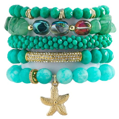 Yomisa Boho Beaded Bracelets/Bangle for Women,Multilayer 5/6/7PCS Healing Natural Handmade Stone Bead Bracelets Stackable Stretch Friendship Beaded Bracelet Set Trendy Western Bohemian Jewelry Gift - color: 5pcs-Green