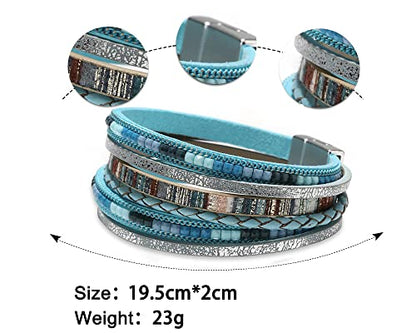 Fesciory Leather Wrap Bracelets for Women, Boho Western Layered Jewelry | Layered leather cuff bracelets, Easy on and off, Boho western style, Daily wear, Gift for women - color: Blue 2