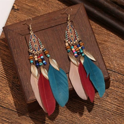Dreuyet Boho Long Feather Drop Dangle Earrings for Women Retro Bohemian Ethnic Fringe Multicolor Tassel Feather Earring Handmade Statement Dream Catcher Earrings Jewelry - color: Color Teardrop