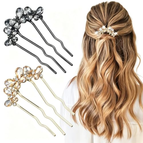 2 PACK Vintage Butterfly Hair Sticks, 4-Tooth Crystal Decorative Hair Comb for Women, Side Bun Hairpin Sticks for Party Wedding Bridal Hair Accessories - color: Butterfly Hair Stick