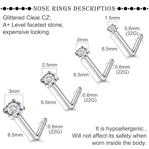18G 20G 22G Titanium Stainless Surgical Steel Nose Rings Studs for Women L Shaped Nose Studs Screw Nose Ring Piercing Jewelry for Women Men Diamond CZ 1.5mm 2mm 2.5mm 3mm Silver Black Gold - style: 22g/Clear CZ/L-shaped/Titanium