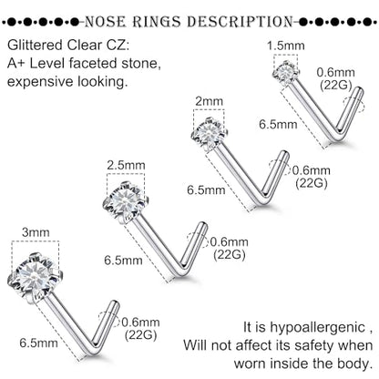 18G 20G 22G Titanium Stainless Surgical Steel Nose Rings Studs for Women L Shaped Nose Studs Screw Nose Ring Piercing Jewelry for Women Men Diamond CZ 1.5mm 2mm 2.5mm 3mm Silver Black Gold - style: 22g/Clear CZ/L-shaped/Titanium