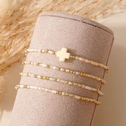 Christian Cross Christmas Stackable Seed Beaded Bracelets for Women, Boho Colorful Healing Stretch Accessories God Christ Pray Faith Amulet Jewelry, Daily Party Holiday Friendship Gift - color: Peach