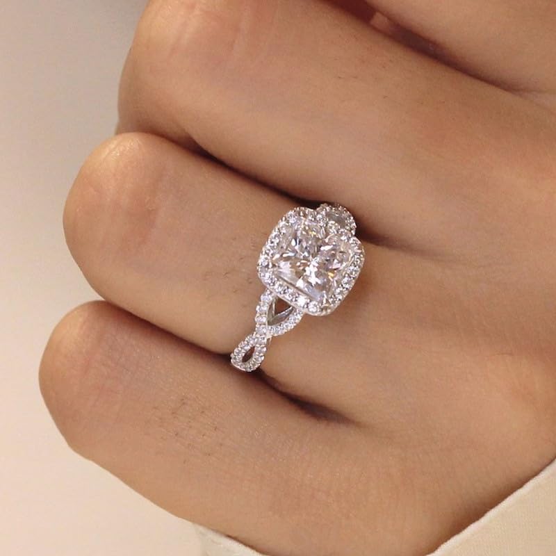 18k White Gold Plated Cubic Zirconia Promise Rings for Her, Halo Engagement Rings,Square Wrap Chain Twisted Arm Ring Cocktail Ring Princess Cut Engagement Eternity Ring for Women Size 6-10（6） - size: 6