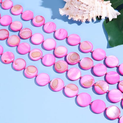 Firstmeet Flat Round Coin Shell Beads Long Knotted Necklace Natural Mother of Pearl Handmade Jewelry For Women - color: Rosered