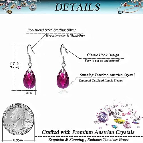 Austrian Crystal Teardrop Drop Earrings for Women, French Hook | 925 Sterling Silver Hook, Crystal Dangle Earrings, Sparkly Teardrop Stone, Lightweight Feel, Day-To-Evening Wear - color: Fuchsia