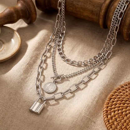 9-Piece Gold Tone Layered Chain Necklace Set for Women, Versatile Stackable Necklaces with Vertical Bar/Herringbone/Padlock Coin Charms, Trendy Boho Jewelry - style: TZY-003360