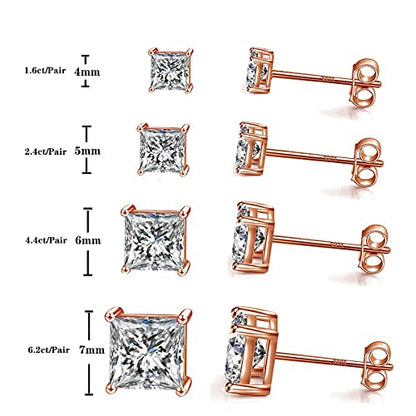 925 Sterling Silver Stud Earrings 4 Prong Princess Cut Square Cubic Zirconia Ear Stud for Women Men CZ 4mm-7mm - style: Rose Gold--2.40cttw (5mm)