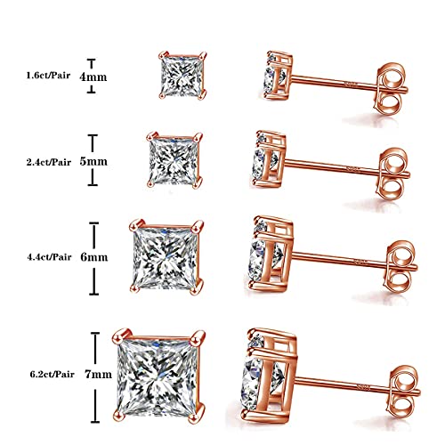 925 Sterling Silver Stud Earrings 4 Prong Princess Cut Square Cubic Zirconia Ear Stud for Women Men CZ 4mm-7mm - style: Rose Gold--6.20cttw (7mm)