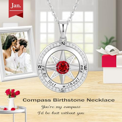 Peeshow Compass Birthstone Necklace for Women Wife, S925 Sterling Silver Gift for Wife Wedding Anniversary Birthday Gifts for Women Jewelry for Her Girlfriend I'd be Lost without You - style: 01-Jan-Garnet