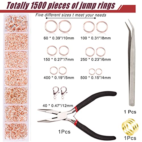 YUGDRUZY Jump Rings for Jewelry Making Kit, 1500 pcs Jewelry Repair Kit for Necklace Bracelet, Lobster Clasps and Closures Repair Supplies Kit with Pliers Tweezers-Rose Gold - color: Rose Gold