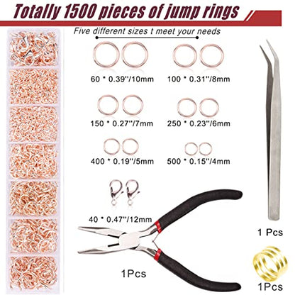 YUGDRUZY Jump Rings for Jewelry Making Kit, 1500 pcs Jewelry Repair Kit for Necklace Bracelet, Lobster Clasps and Closures Repair Supplies Kit with Pliers Tweezers-Rose Gold - color: Rose Gold