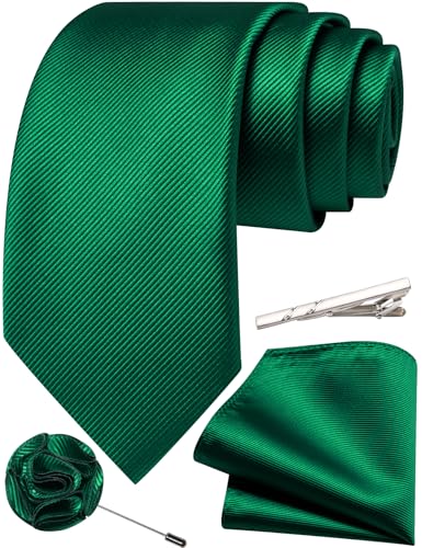 Solid Color Tie and Pocket Square with Tie Clip Lapel Pin Silk Formal Necktie Set Wedding Formal - color: Emerald Green