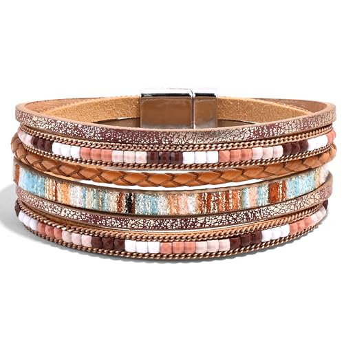 VIBILIA Boho Leather Wrap Bracelets for Women Multi-Layer Bracelets | With Strong Clasp Jewelry for Women - color: 03-BohoBraid-Khaki