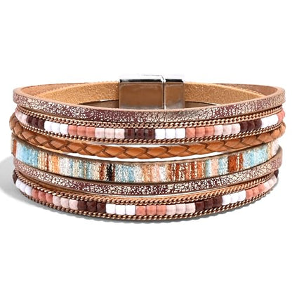 VIBILIA Boho Leather Wrap Bracelets for Women Multi-Layer Bracelets | With Strong Clasp Jewelry for Women - color: 03-BohoBraid-Khaki