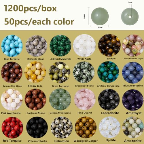 1200pcs 6mm Natural & Synthetic Round Stone Beads Gemstone Beading Loose Gemstone Hole Size 1mm DIY Smooth Beads for Bracelet Necklace Earrings Jewelry Making,Box Packed (24 Material-6mm) - color: 24 Material-6mm, size: 6mm
