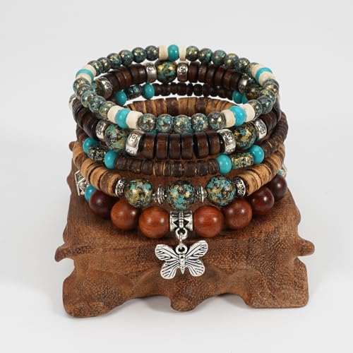 Boho Wooden Beads Bracelets Bohemian Bracelet Stack for Men Women Wood Beaded Bracelet Set - color: A