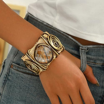 CJIAYUJEW Chunky Gold Cuff Bracelets for Women Exaggerated Geometric Leaf Open Wide Bracelets Trendy Retro Adjustable Party Jewelry Accessaries - color: round