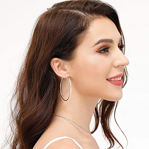 3 Pairs Sterling Silver Large Hoop Earrings Set for Women 40 50 60MM | 14K White Gold Plated, Hypoallergenic - style: L-Silver 1 Pair 70mm