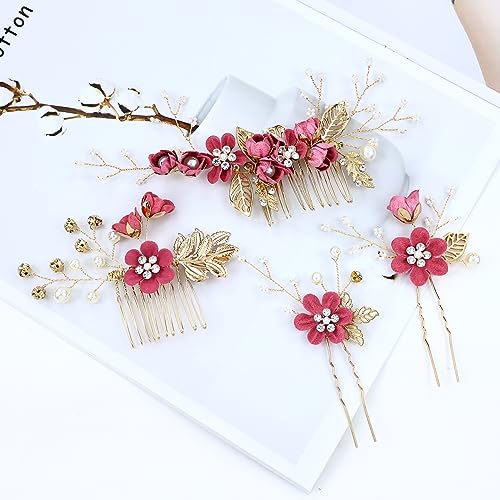 Cinaci 18 Pieces Bridal Wedding Party Prom Pearl Rhinestone Rose Red Flower Hair Side Combs Slides+U-shaped Flower Hair Pins+Twist Spiral Hairpins Floral Headpieces for Brides Bridesmaids Women Girls - color: Rose Red