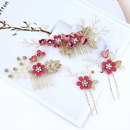 Cinaci 18 Pieces Bridal Wedding Party Prom Pearl Rhinestone Rose Red Flower Hair Side Combs Slides+U-shaped Flower Hair Pins+Twist Spiral Hairpins Floral Headpieces for Brides Bridesmaids Women Girls - color: Rose Red