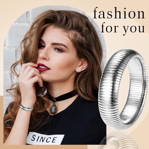 NMQLX Women's Elastic Bangle Bracelets: Stainless Steel Gold Chunky Wristband Bracelets - color: Silver - 20mm