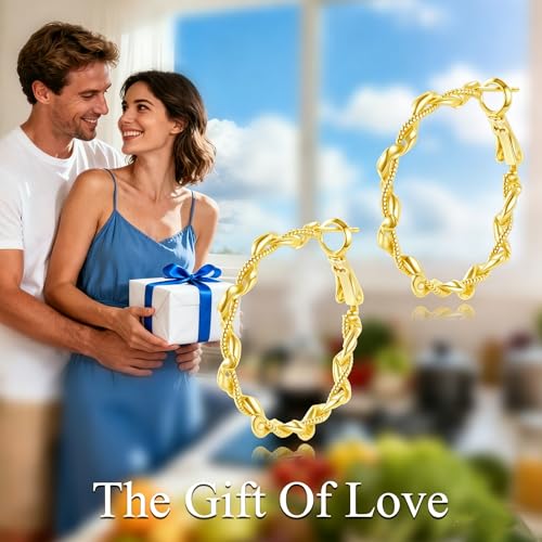 14K Gold Braided Texture Hoop Earring, 32/40mm Twist Rope Design Round Hoop Earrings for Women Gold Jewelry Gifts for women - style: Braided Earrings-32mm