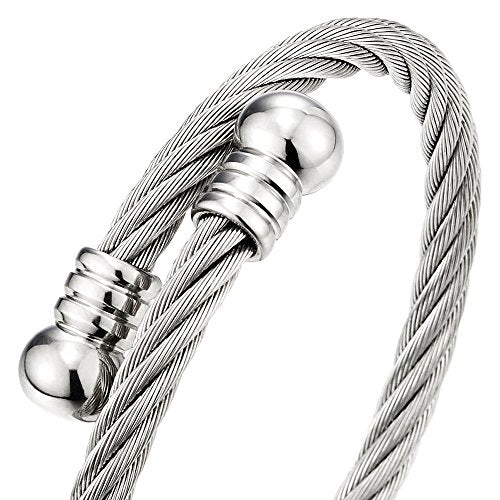 COOLSTEELANDBEYOND Elastic Adjustable Steel Twisted Cable Cuff Bangle Bracelet for Mens for Women - color: B-Metal Color: Silver