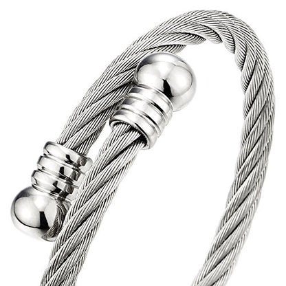 COOLSTEELANDBEYOND Elastic Adjustable Steel Twisted Cable Cuff Bangle Bracelet for Mens for Women - color: B-Metal Color: Silver