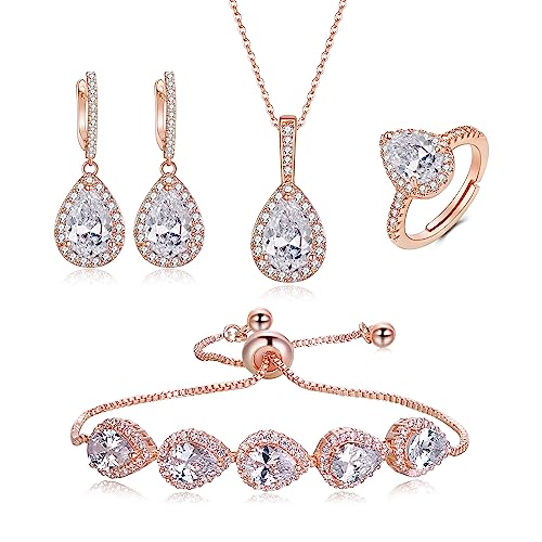 Crysdue Wedding Bridal Teardrop CZ Pendant Necklace Open Ring Dangle Earrings Adjustable Slider Bracelet Jewelry Set, Birthday Mothers Day Christmas Jewellery Gift for Women/Mom/Wife - style: 01-Teardrop Clear Rose Gold-Tone