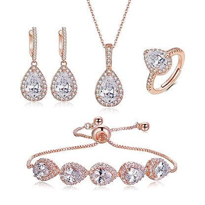 Crysdue Wedding Bridal Teardrop CZ Pendant Necklace Open Ring Dangle Earrings Adjustable Slider Bracelet Jewelry Set, Birthday Mothers Day Christmas Jewellery Gift for Women/Mom/Wife - style: 01-Teardrop Clear Rose Gold-Tone