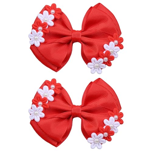4" Flower Hair Bows for Girls Red Pearl Bowknot Hair Clips Floral Ribbon Alligator Barrettes Toddler Teen Kids Women Wedding Christmas Valentines Party Dress Decoration Accessory - color: Red